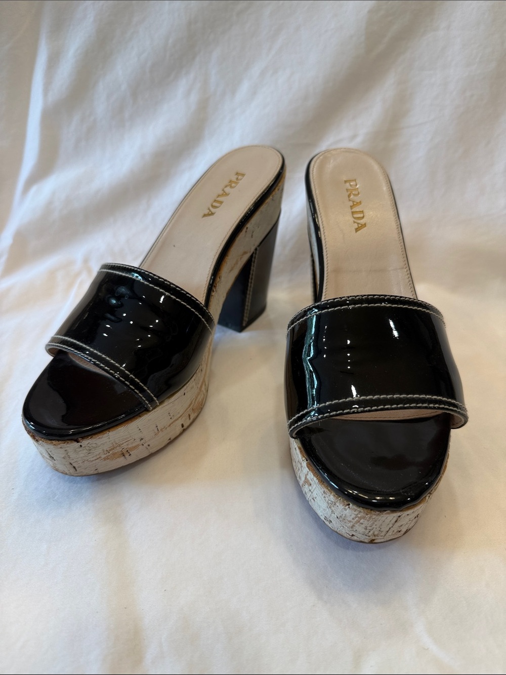 Prada Black Patent Leather Cork Platform Slide Heels - Picture 1 of 10